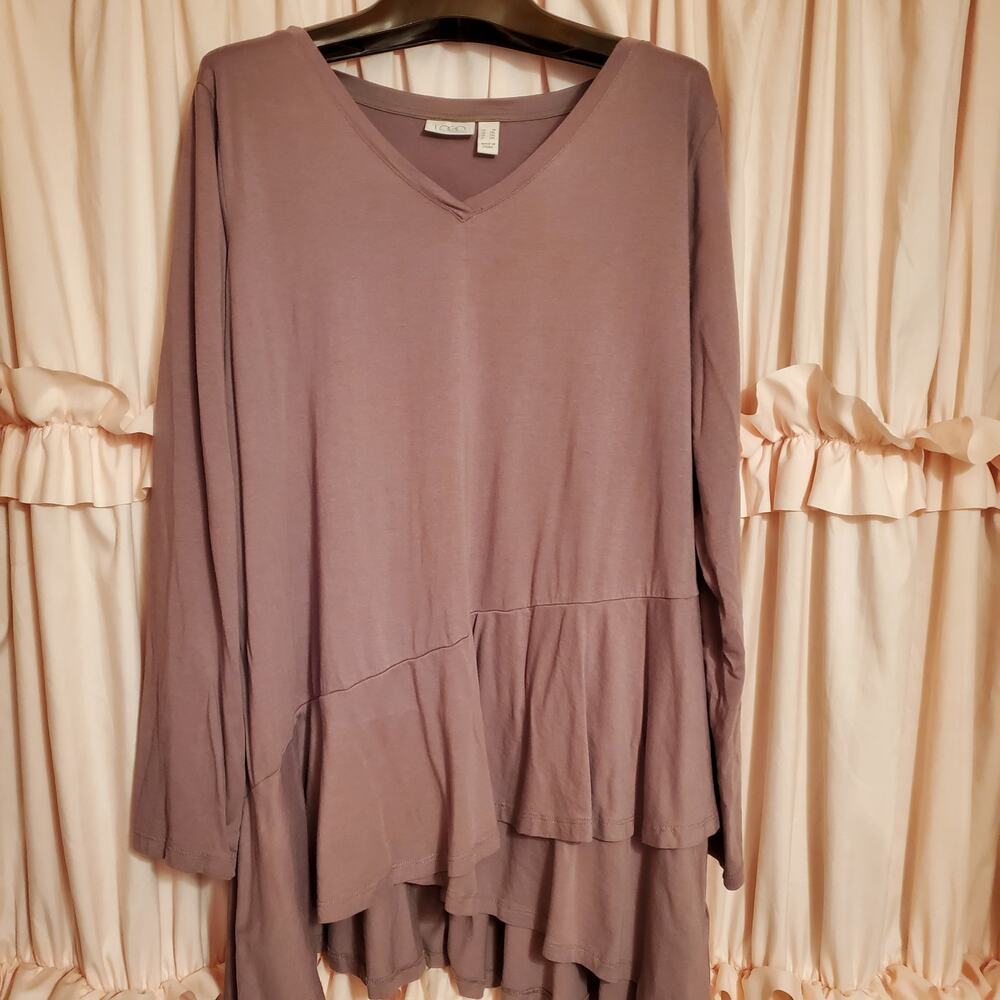 LOGO by Lori Goldstein Long-Sleeved Cotton Modal Peplum Tunic Mushroom Color 1x